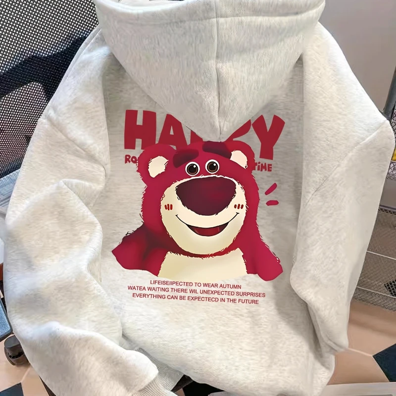 디즈니 여성 가을/겨울 새로운 미국 유행 브랜드 귀여운 딸기 곰 편지 인쇄 후드 캐주얼 루즈 패션 탑