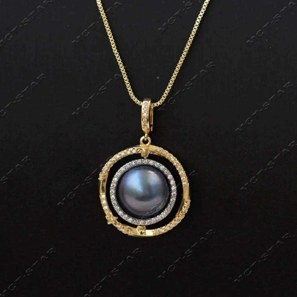 MCT·STAR Golden Silver Double Ring Rotation 25mm Blue South Sea Mabe Pearl CZ Pendant (Z14431