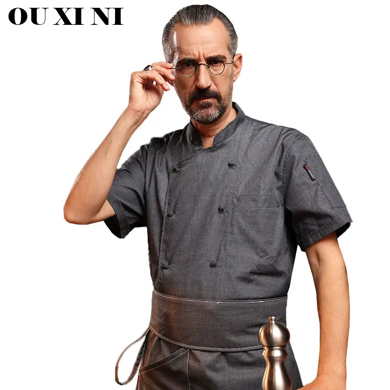 New Men's Chef Jacket Hotel Back Kitchen Overalls  Bakery Cooking Cook Uniform Breathable Double Breasted Short Sleeve Shirt