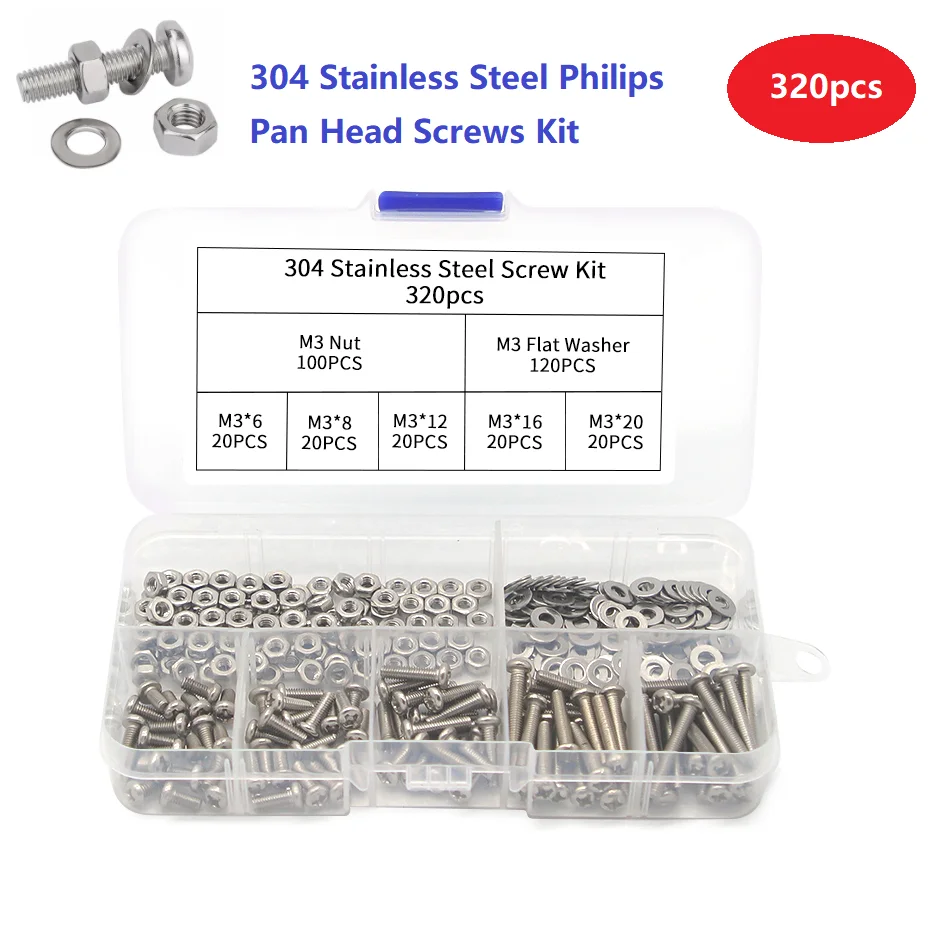 Retailing 320pcs/Box 304 Stainless Steel Metric M3 Screw Kit Pan Head Philips Machine/ Wood Screws, Nuts and Washers Assortment