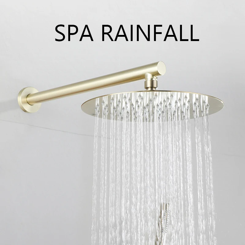 Oculto Mount Brush Gold Rain Shower Set, banheiro, misturador a frio quente, sistema de chuveiro, parede de banheira, chuva SPA, torneiras de luxo