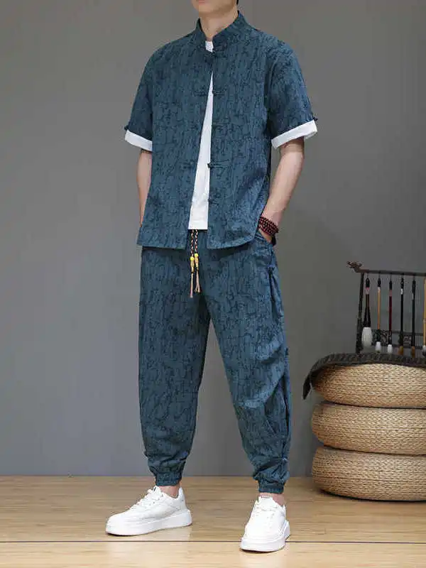 

Мужской летний костюм из тонкого хлопка и льна в стиле ретро, свободный крой, большие размеры, комплект из двух предметов, повседневная одежда с цветочным узором для молодежи