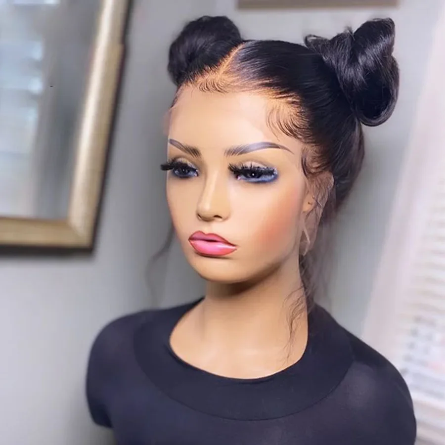 شعر مستعار ناعم 26 بوصة 180 كثافة طبيعي أسود بدون صمغ طويل مستقيم عميق باروكة أمامية من الدانتيل للنساء مع شعر أطفال مقطوف مسبقًا يوميًا