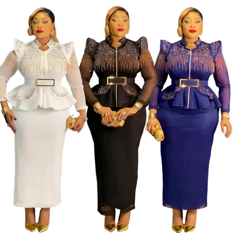 2026 New Fashion Dashiki Ankara Plus Size Women's Clothing Autumn New Sequin High Waisted Party Evening Dress Two-piece Set