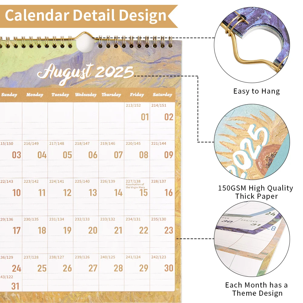 12 Blatt 2025, Vintage-Gemälde, A4-Wandkalender, Monatsplaner, bunter Wochenplan für die Organisation zu Hause, in der Schule, im Büro