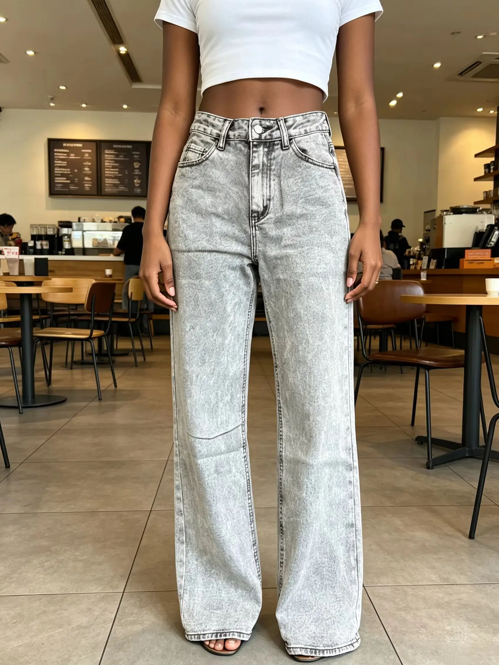 Women Spring Autumn Light Gray Distressed Wide Leg Jeans High Waist Whiskering Comfortable Versatile Retro Long Pants