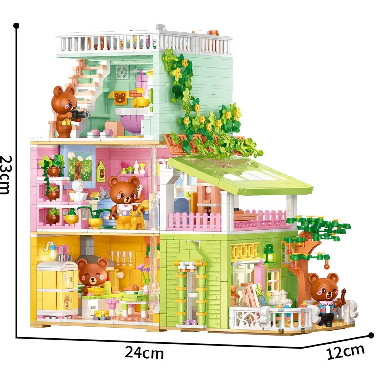 Creativo fai da te mini blocco 4in1 estate villa casa costruzione giocattoli in mattoni con luce città vista stradale cartone animato orsetto figure