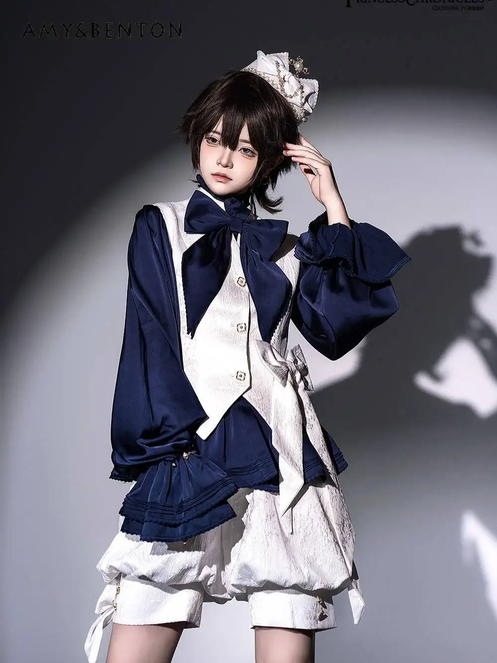 

Retro Elegant Sweet Cool Lolita Prince Bow Shirt Court Temperament Stand Collar Lantern Sleeve Blouse Women Japanese Style Top