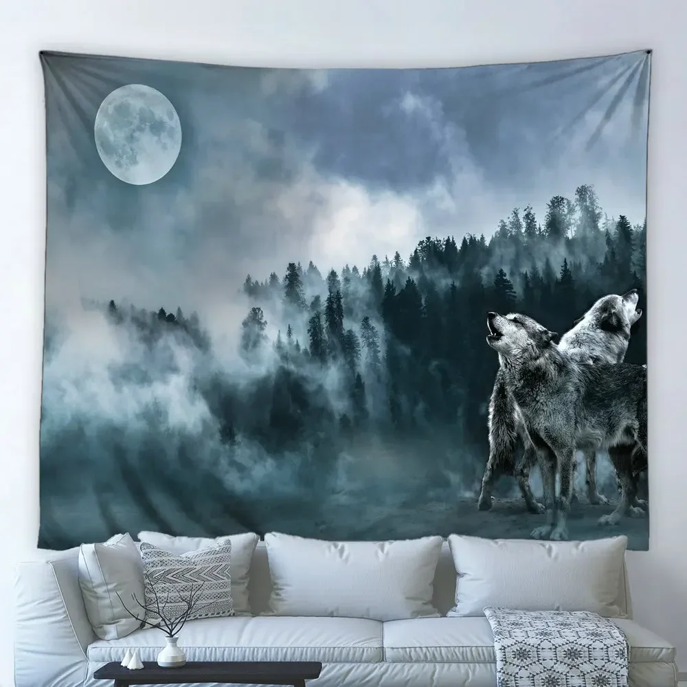 Foggy Forest Scenery Tapestry Wolf Tiger Wild Animal Beast Winter Snow Hippie Wall Hanging Cloth Living Room Bedroom Home Decor