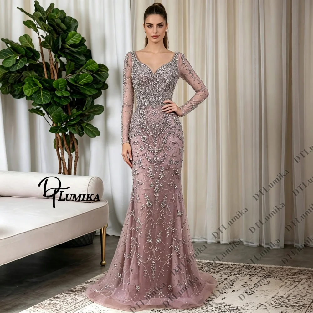 V Neck Long Sleeve Mermaid Prom Dress Full Beaded Appliques Customized Formal Evening Gown , Wedding & Adult Ceremony Plus Size