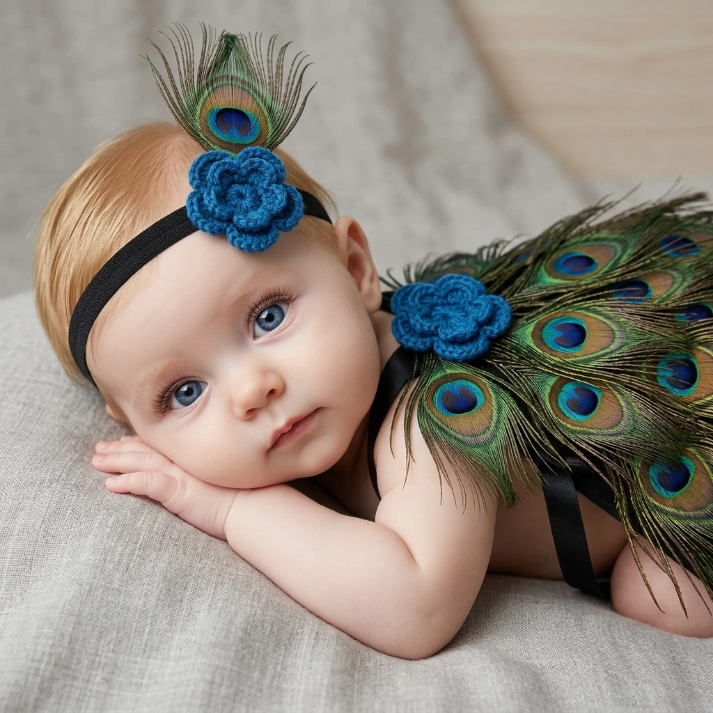 Niedliches Pfauenfeder-Fotorequisiten-Set für Neugeborene, gestricktes Kostüm für Jungen und Mädchen, Fotografie-Zubehör, Erinnerungsgeschenk zur Geburt