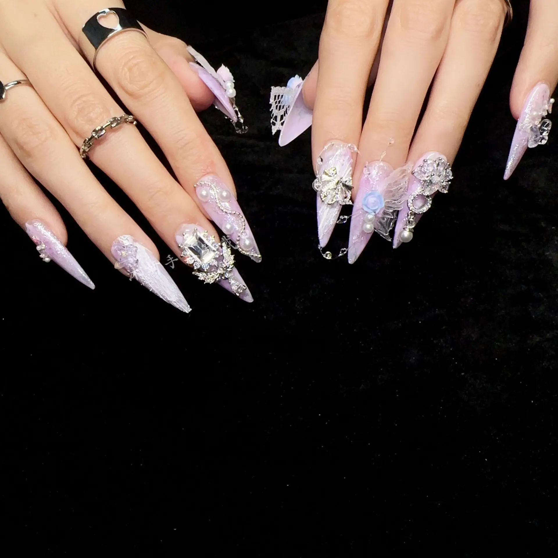 Dreamy Lolita Princess Taro Purple Pearlescent Handmade Press On Nails, Long Stiletto Almond Fake Nails With Tulle Butterfly Lac