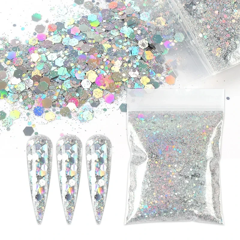 YunMoonai 50g Multi-color Holographic Hexagon Nail Glitter Powder Gold Silver Chunky Mixed Sequins for Nails Art Accessories