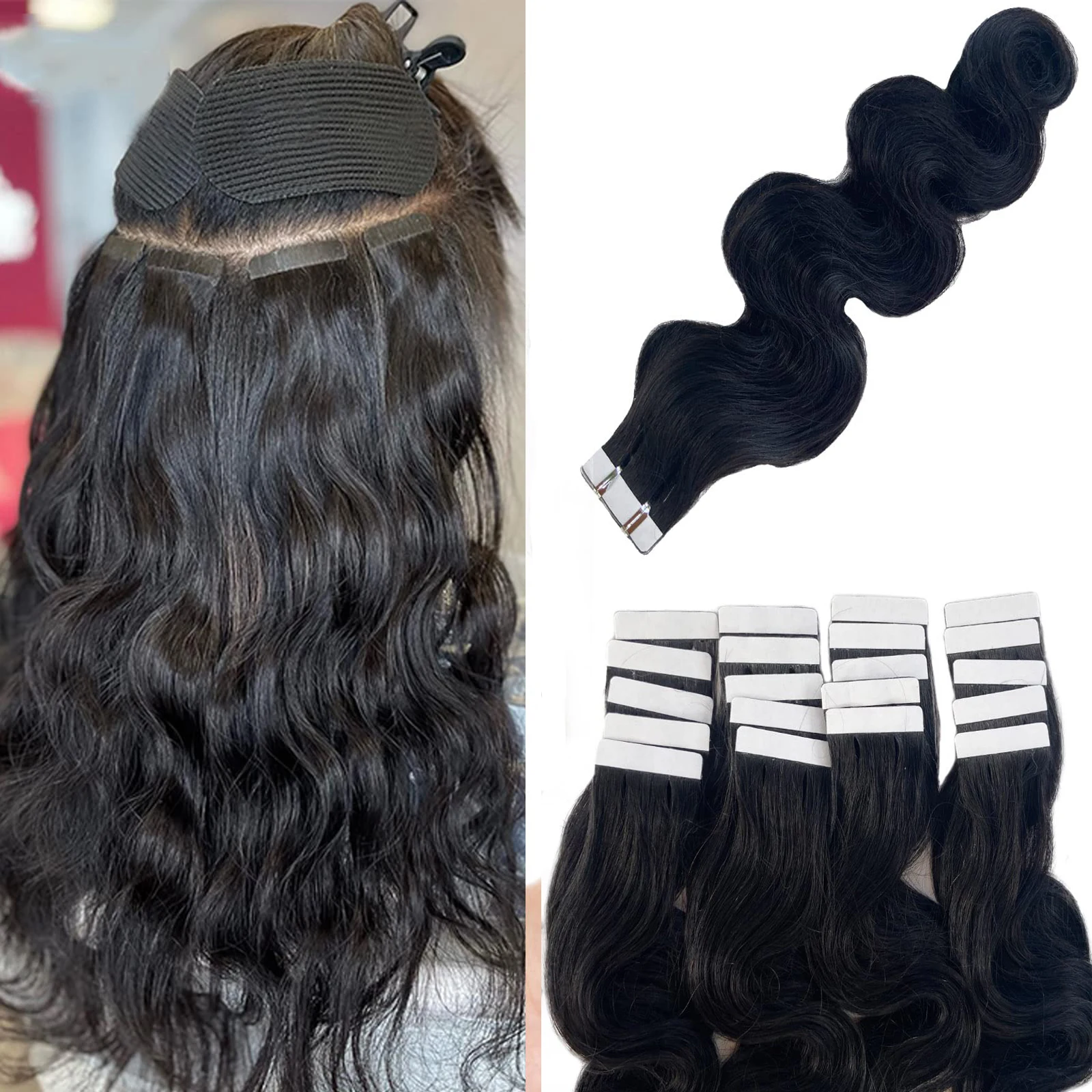 Extensions de Cheveux Humains Ondulés Naturels, Remy, # 1B, 20 Pièces