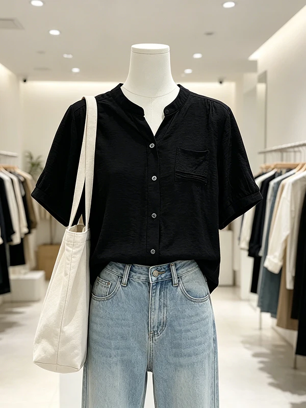 

Large Size Summer New Design V-Neck Shirt Versatile Elegant Style Korean Commute Style Short Sleeve Women's Casual Shirt