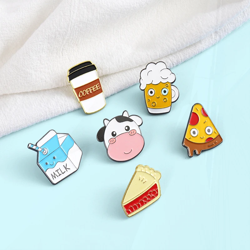 Coffee Cows Pin Lapel Badge Bag Cartoon Jewelry Gift for Kids Friends Daily Foods Enamel  Brooch Custom Pizza Milk Beer