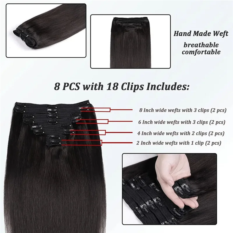 

AAAU-16Inch Clip In Extensions Human-Hair Clip Straight Hair Extensions Seamless Skin Weft Clip-On Hair Pieces Durable Easy To U