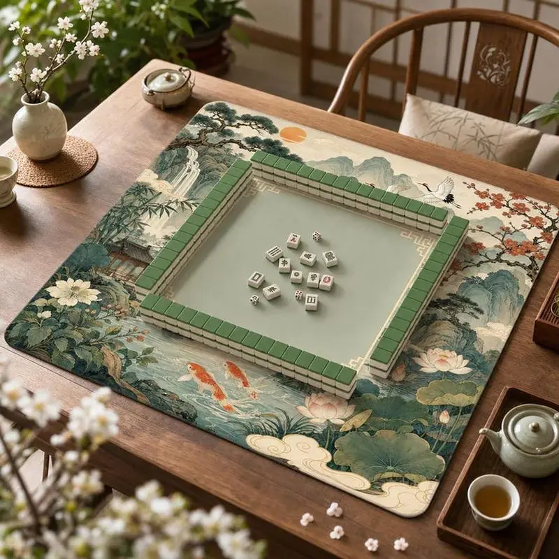 VIKAMA Chinese Landscape Koi Lotus Mahjong Mat Non Slip Silent Rubber Foldable Waterproof Game Pad For Mahjong Home Party