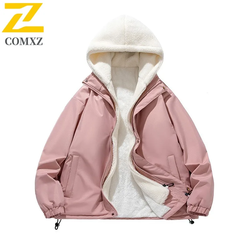 COMXZ 2025 Autumn Winter Sherpa Two Piece Hooded Jacket Unisex Thick Fleece Lined Fashion Outdoor Sports Casual Solid Color Coat