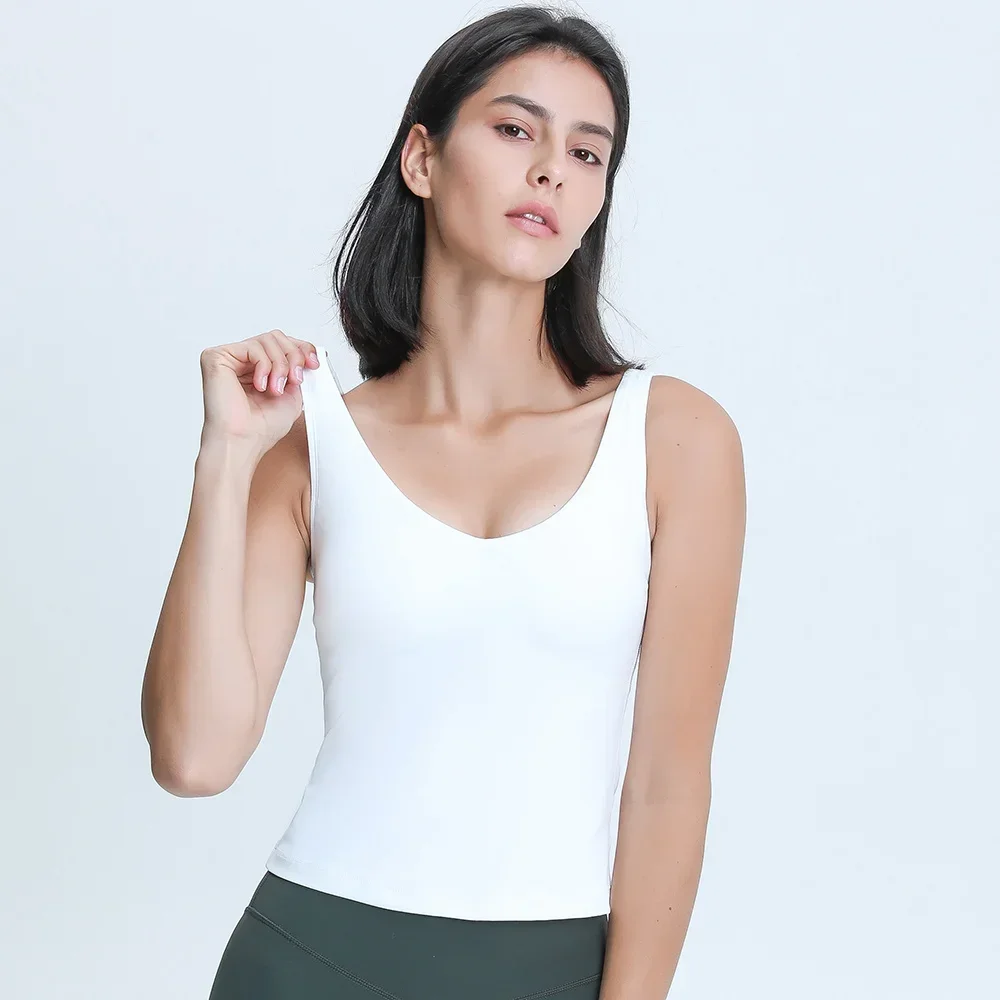 Женская майка длиной до талии с v-образным вырезом, 4-сторонняя эластичная, впитывающая пот рубашка для йоги со съемными чашками, жилет для тренировок с U-образной спинкой Женская майка длиной до талии с v-образным вырезом, 4-сторонняя эластичная, впитывающая пот рубашка для йоги со съемными чашками, жилет для тренировок с U-образной спинкой