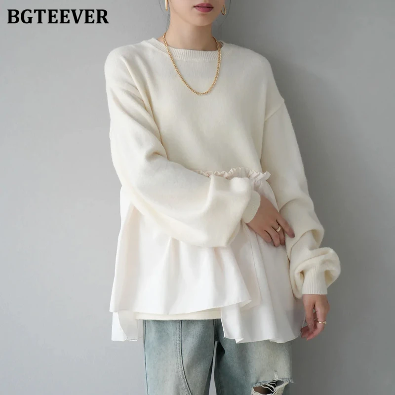 BGTEEVER Casual Lose Oansatz Weibliche Gestrickte Pullover Tops Frühling Herbst Stilvolle Lange Hülse Frauen Unregelmäßige Pullover Jumper