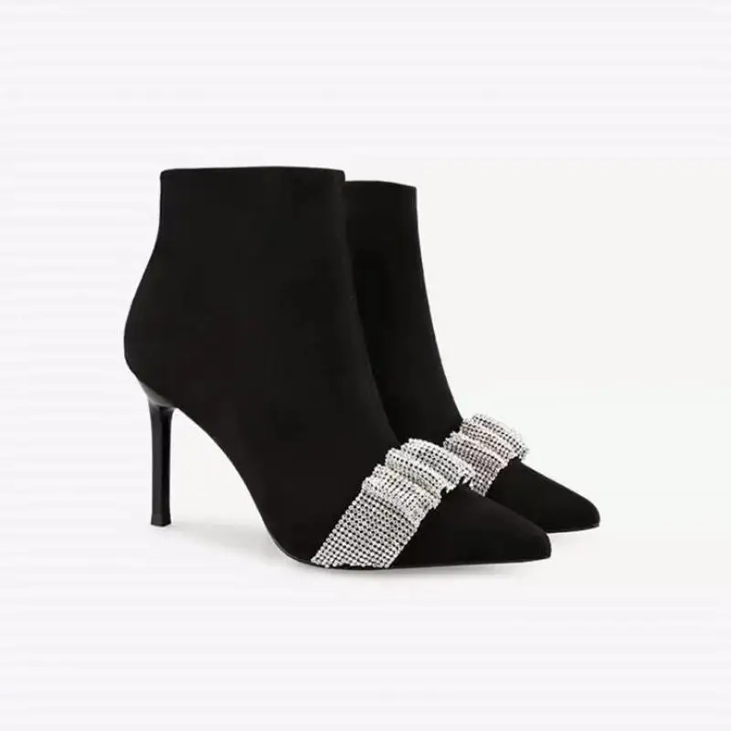 

Маленькие размеры 31–43, ботильоны с острым носком и стразами, замшевые черные короткие ботинки больших размеров 41–43, женские ботинки