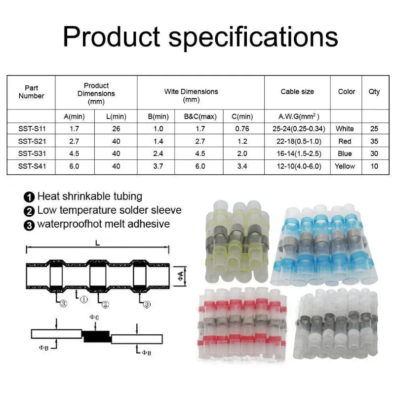 120PCS Solder Seal Wire Connector Boxed 2:1 Heat Shrink Sealed Insulated Butt Splice Terminal Waterproof Butt Connectors Kit