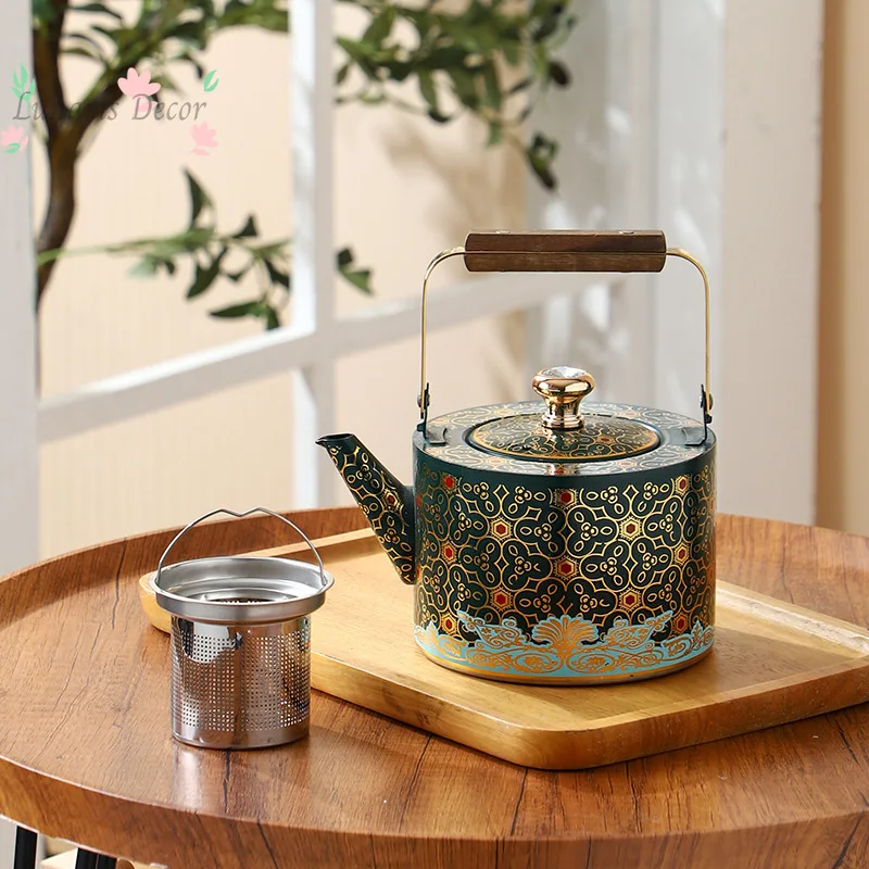 

Stainless steel teapot - large capacity milk tea pot - afternoon tea teapot - ethnic style floral teapot