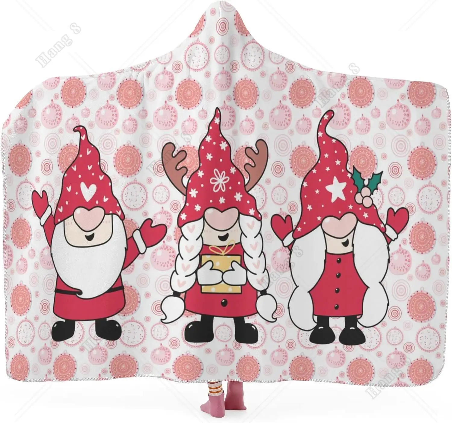 

Pink Dots Gnomes Cartoon Deer Christmas Hooded Blanket Christmas Soft Wearable Throw Blanket for Men Women Sofa Couch