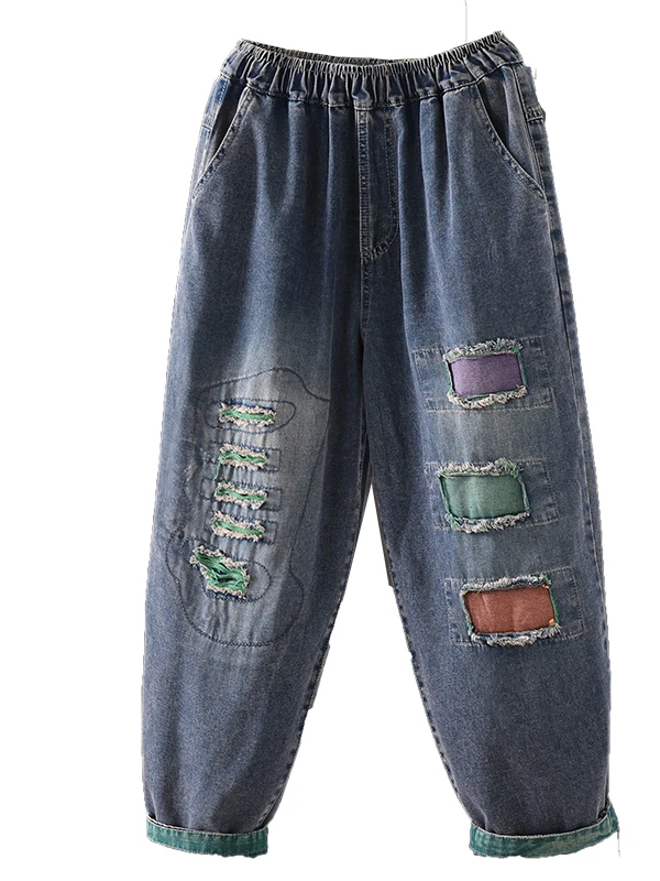 Plones Vaqueros Retro Color Mostaza con Agujeros, Estilo Harlan Hoados y Ajustados, Color Blo, Cintura Alta, Tres Cua...