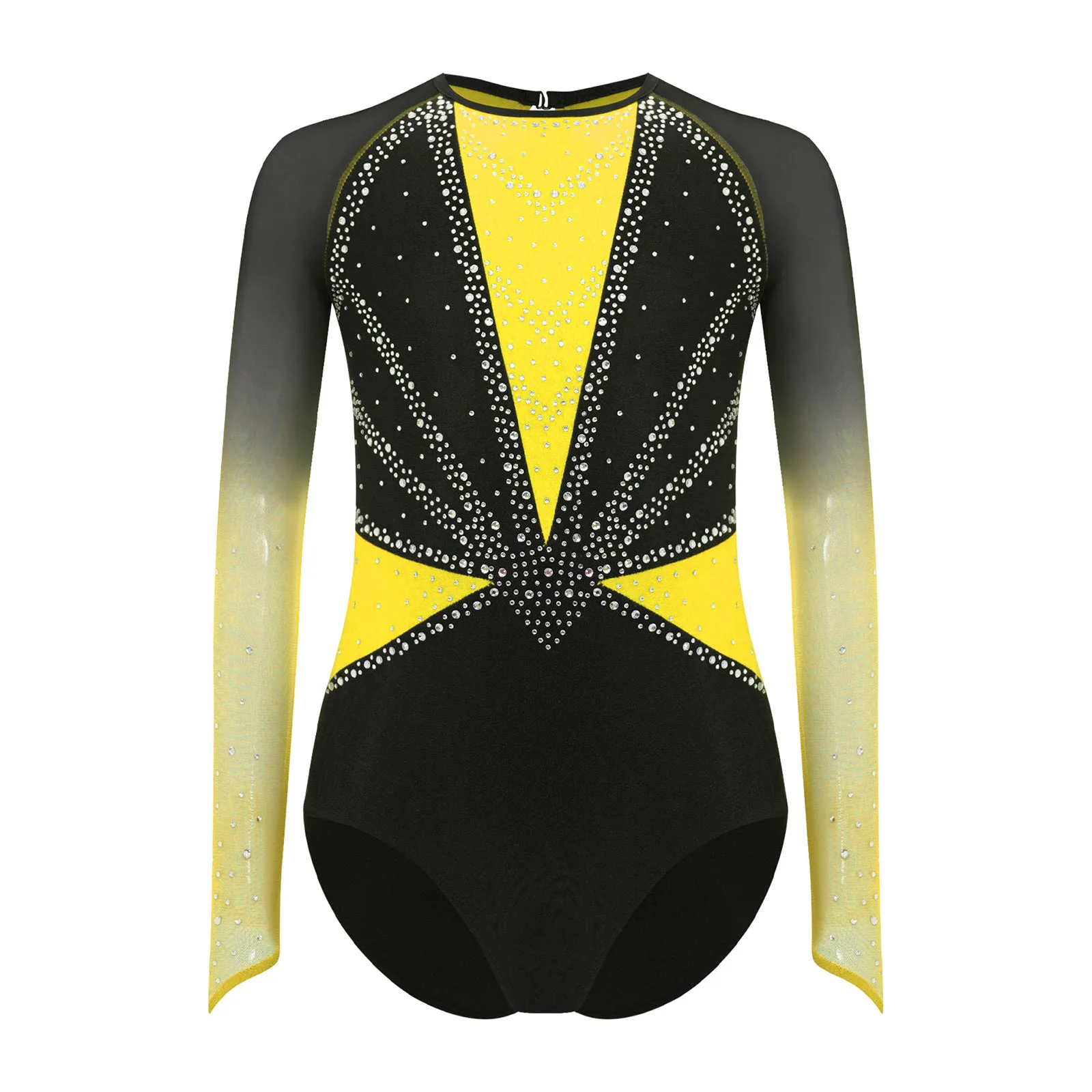 

Kids Girls Sheer Figure Skating Stage Competition Costume Sheer Mesh Long Sleeves Rhinestones Acrobatic Gymnastics Dance Leotard