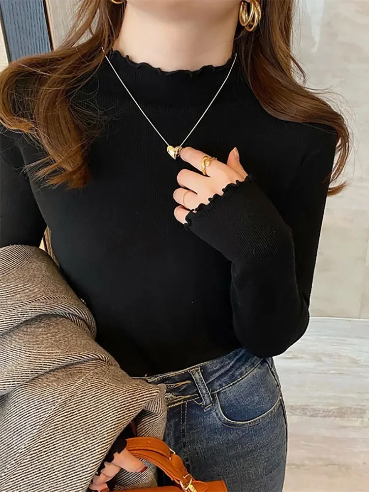 2025 Women Knitted Ribbed Pullover Autumn Winter Sweater Korea Long Sleeve Ruffles Turtleneck Slim Jumper Soft Warm Pull Femme
