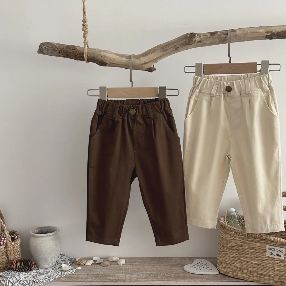 Children's Elastic Waisted Casual Pants for Spring and Autumn, Boys' and Girls' Baby Loose Apricot Brown Baby Pants