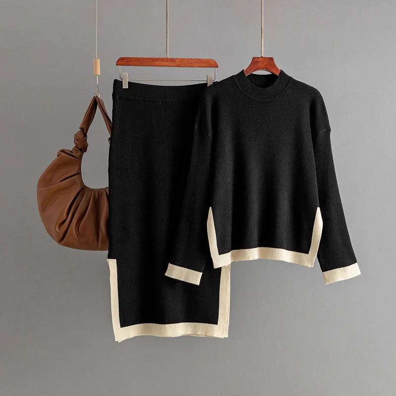 Conjuntos elegantes de dos piezas para mujer, faldas de punto, traje de otoño para mujer, nuevo diseño de moda, suéter con cuello redondo en contraste, Tops, falda dividida