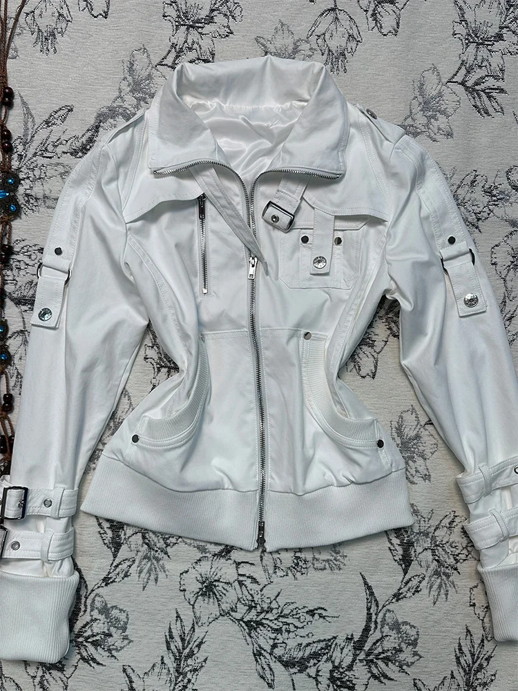 سترة دراجات نارية بيضاء أصلية بطراز Y2K من Aibi، ملابس خارجية للخريف المبكر، تصميم فريد وجميل للنساء، مزيج قطني مع سحاب وغطاء...