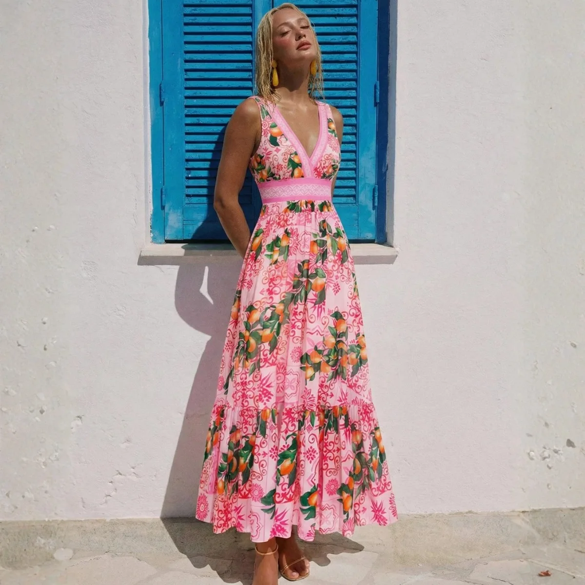 Women 2Pcs Pink Fruit Floral One Piece Swimsuit Set, Deep V Sleeveless Bathing Suit with Ruffle Long Cover Skirt Beach Swimwear