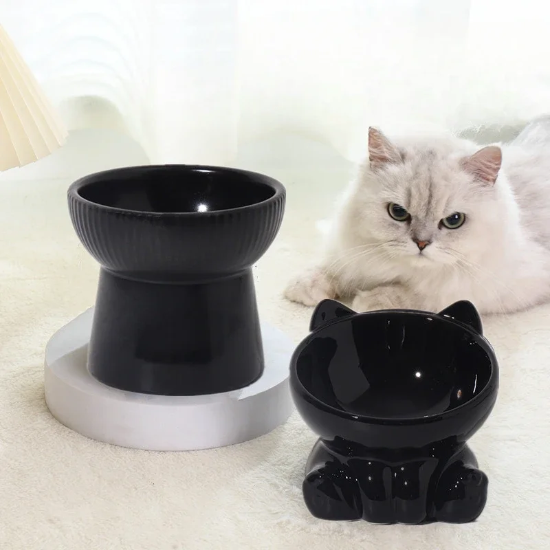 

Ceramic Cervical Protection Bowl Drinking Water Slanted Eating Basin High Feet Tall Dog Cat Bowl Tableware Pet Product Black 1Pc