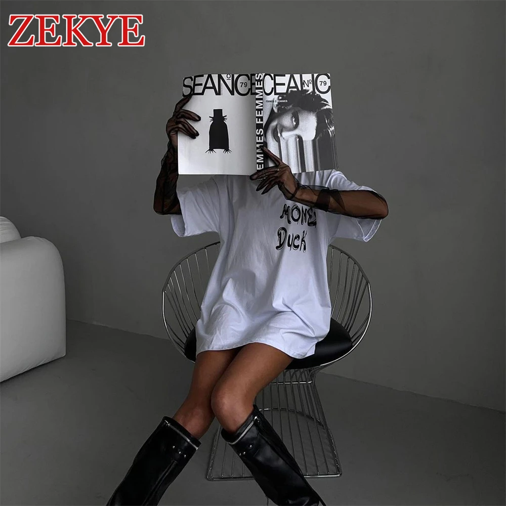 Zekye w stylu Basic Casual biały T Shirt damski z nadrukiem na lato luźny koreański styl 90S estetyczny Streetwear moda O dekolt