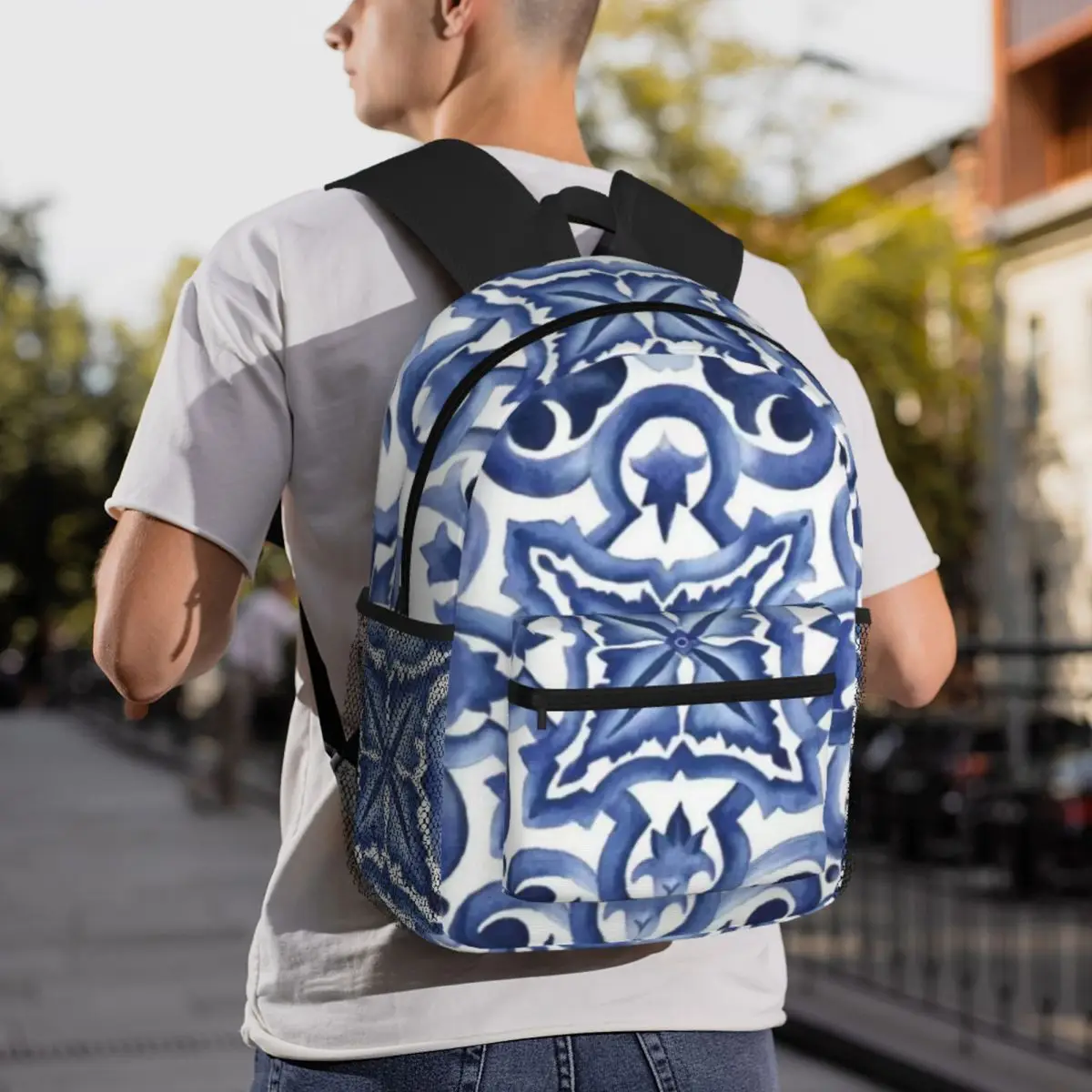 Blue Ornate Floral Mediterranean Sicilian Tile Backpack Daypack Large Capacity Kids BookBag School Bag Shoulder Bags