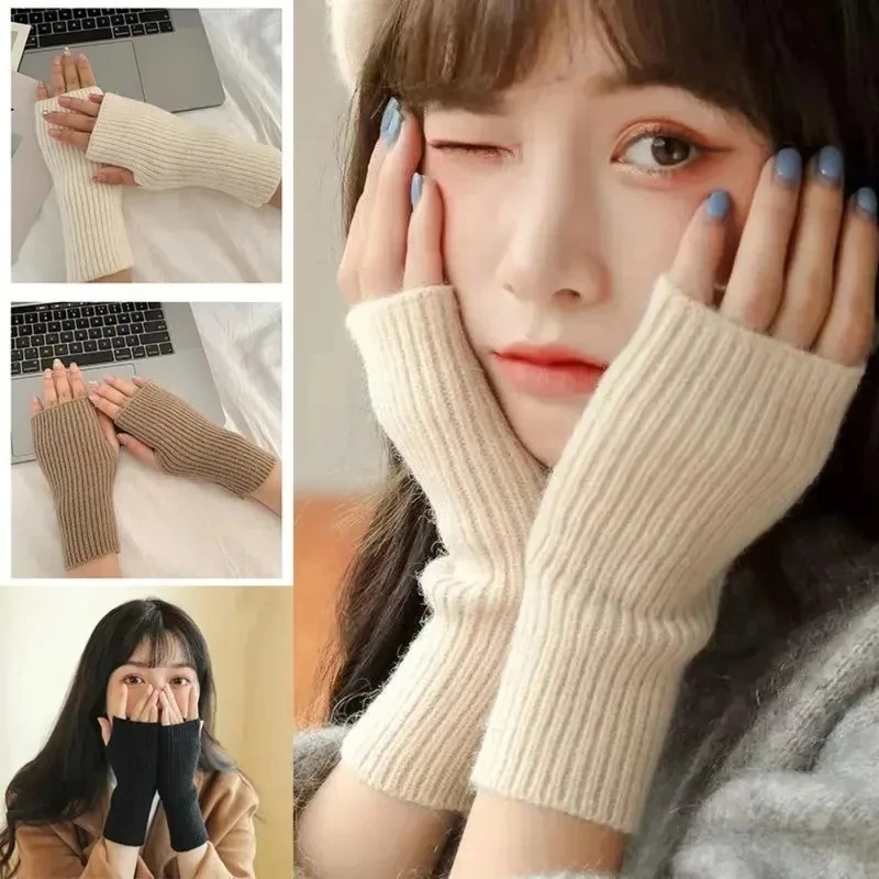 Women Winter Half Finger Gloves Soft Warm Knitting Writing Gloves Windproof Thermal Handschoenen Guantes 1/2/4 pairs