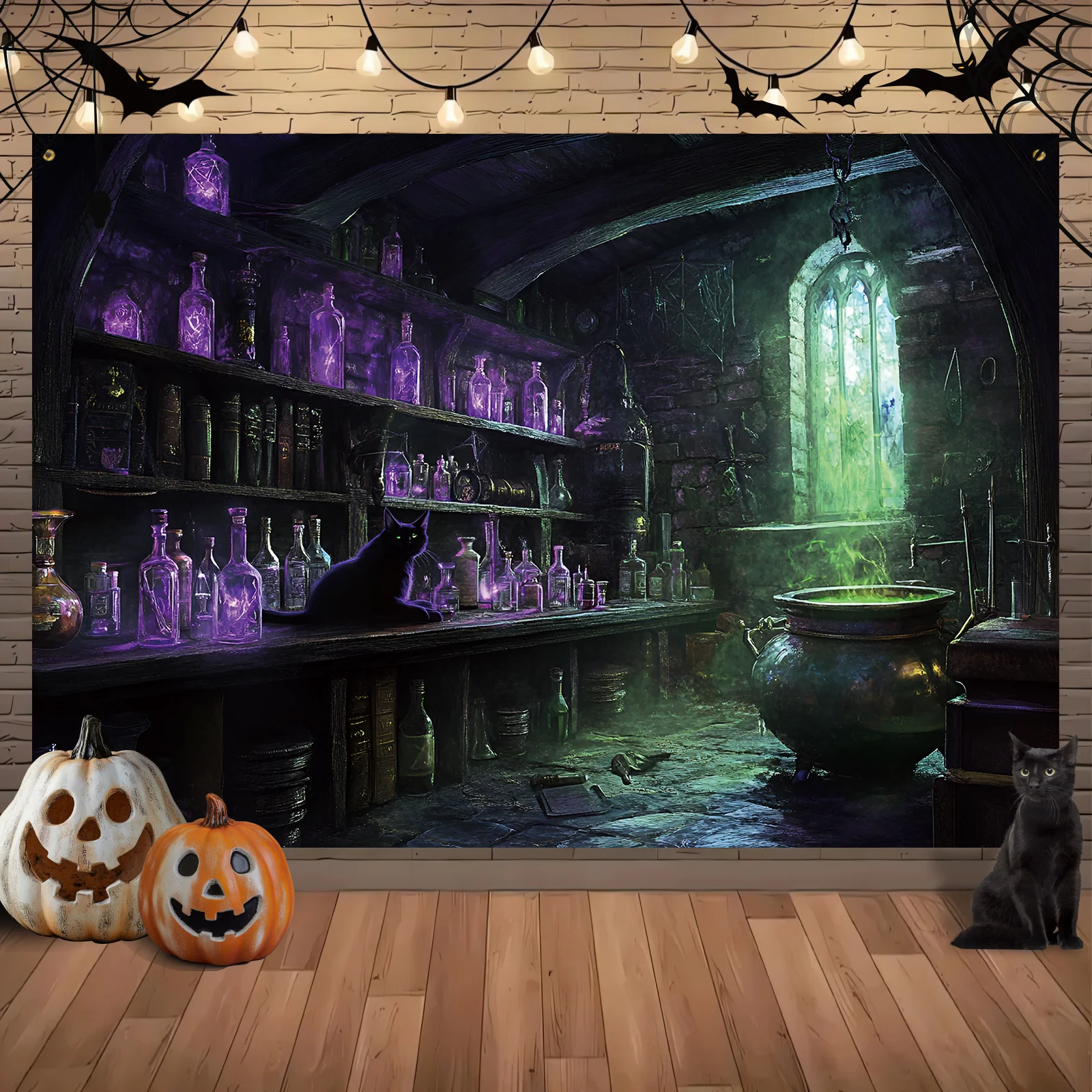 Witch lab background banner - gothic Halloween party decoration with potion bottles and cauldron