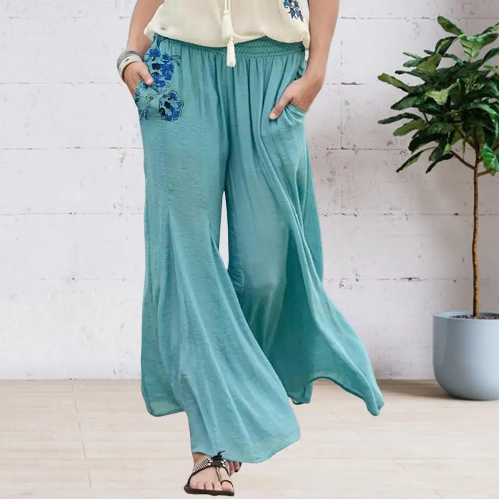 

Printed Design Pants Thin Fabric Trousers Floral Printed Wide Leg Trousers with Pockets for Women Mid-rise Elastic Waist Long