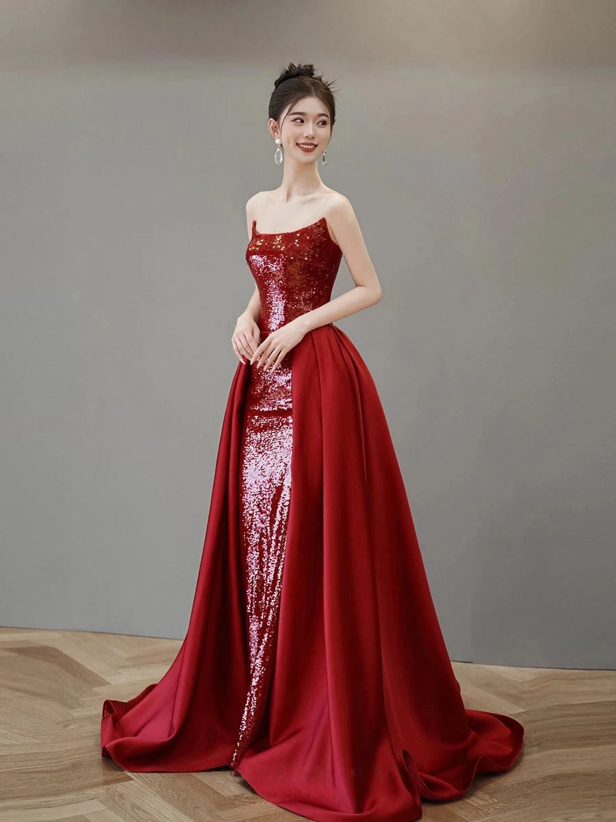 

Red Senior Shinny Evening Dresse Strapless Off Shoulder Mermaid Tail Splicing Floor Split Sexy Formal Party Bridesmaid Ball Gown