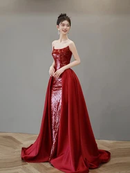 Red Senior Shinny Evening Dresse Strapless Off Shoulder Mermaid Tail Splicing Floor Split Sexy Formal Party Bridesmaid Ball Gown