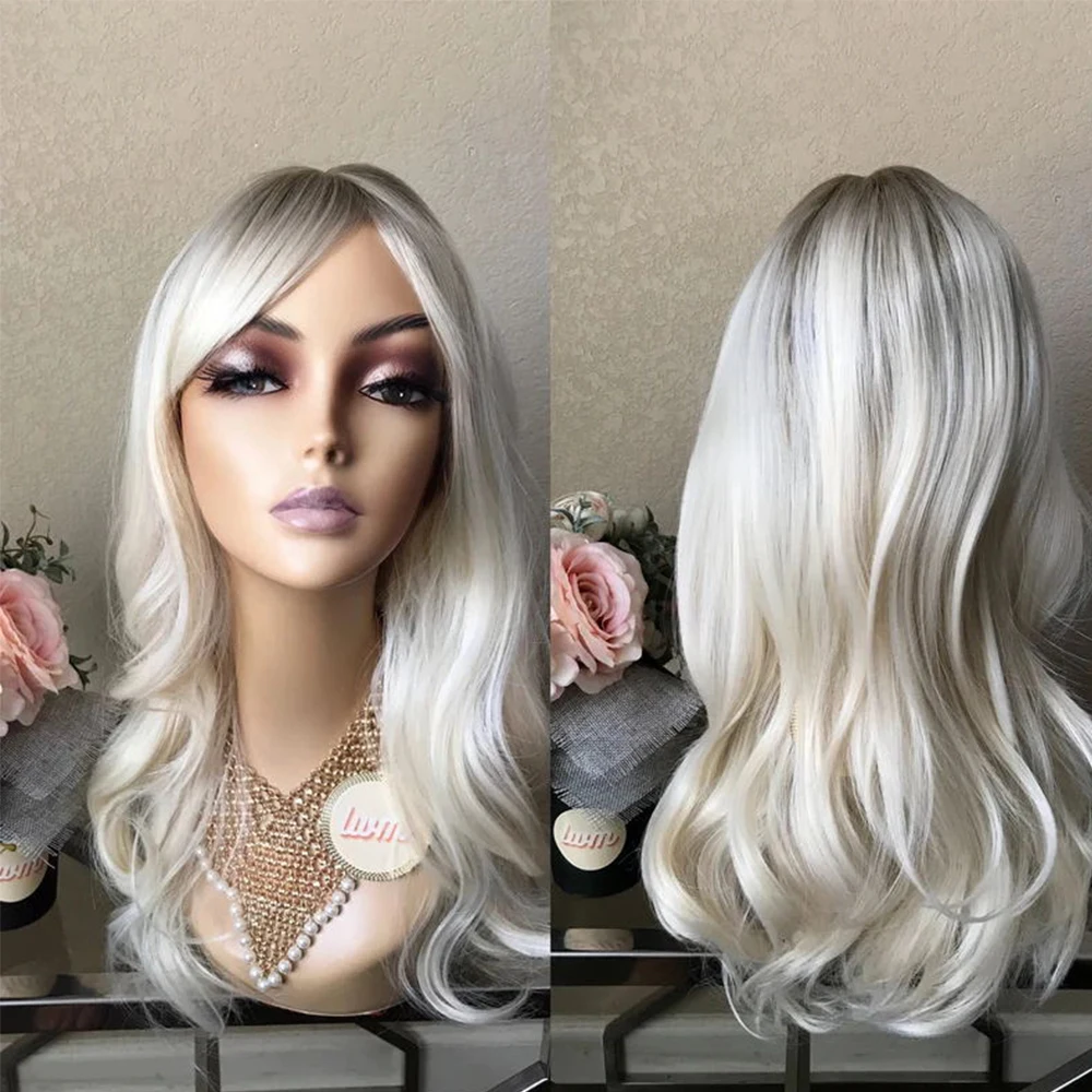 Icy White-peluca sintética con malla frontal, pelo rubio platino, fibra sintética segura para el calor, onda suelta, 10% cabello humano, transparente