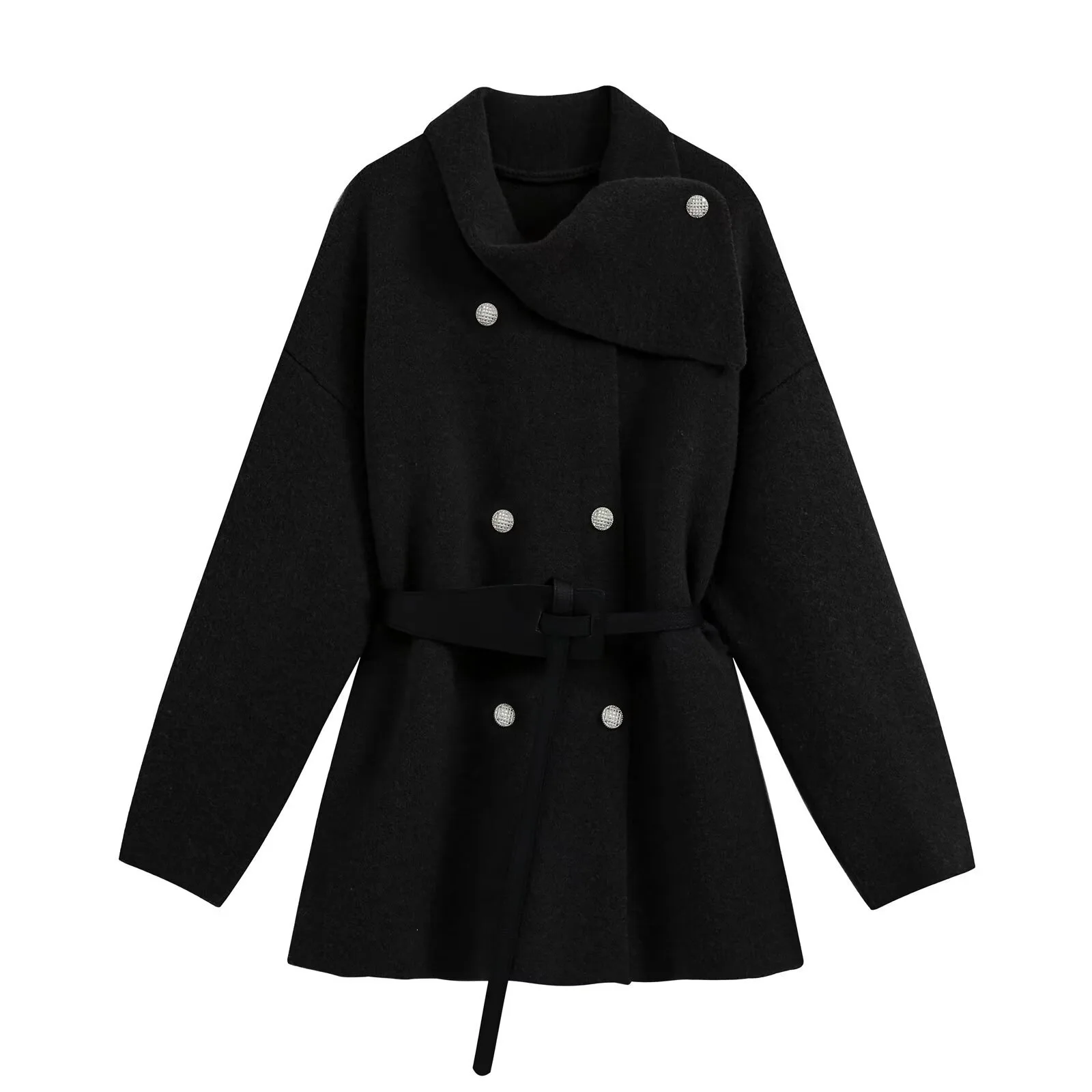 Cross-border 2026 European and American fashion casual double-breasted button with belt irregular collar knitted shirt jacket