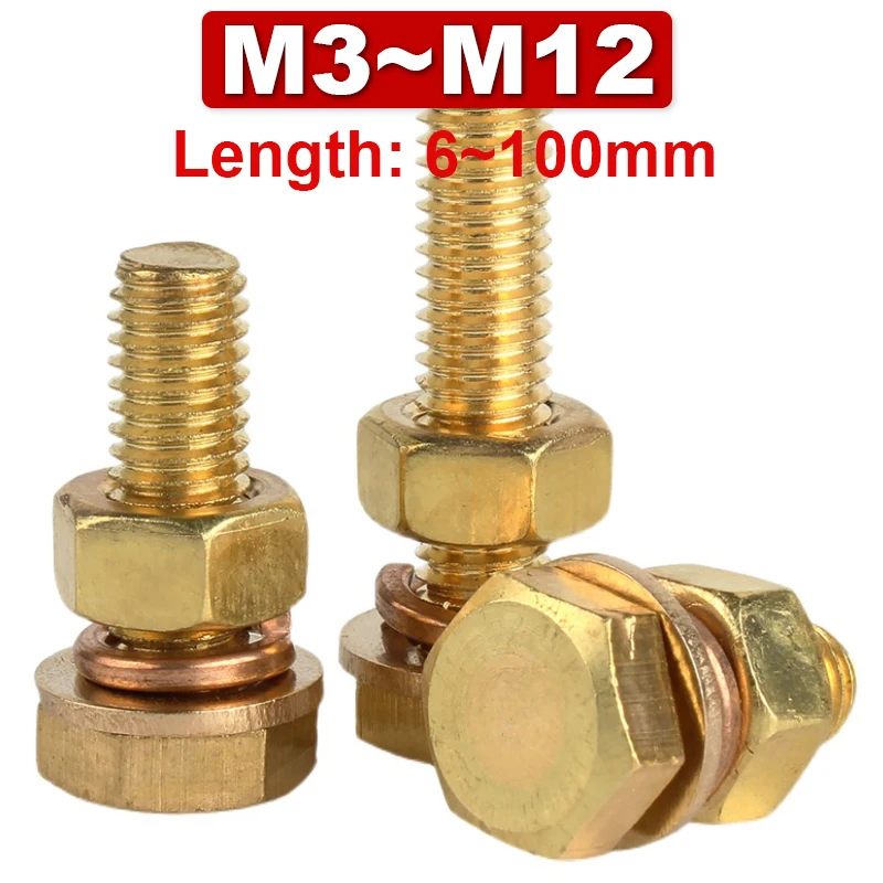 Brass Outer Hexagonal Bolt Screw Nut Flat Washer Elastic Washer Combination Machine Screws Copper Din933 M3m4m5m6m8m10m12 4in1