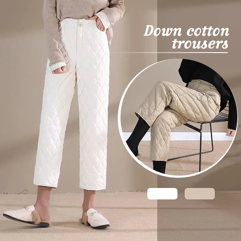 Women Winter Warm Down Cotton Pants Lightweight Plus Velvet Thicken Padded Quilted Trousers Elastic Waist Casual Trousers M-4XL