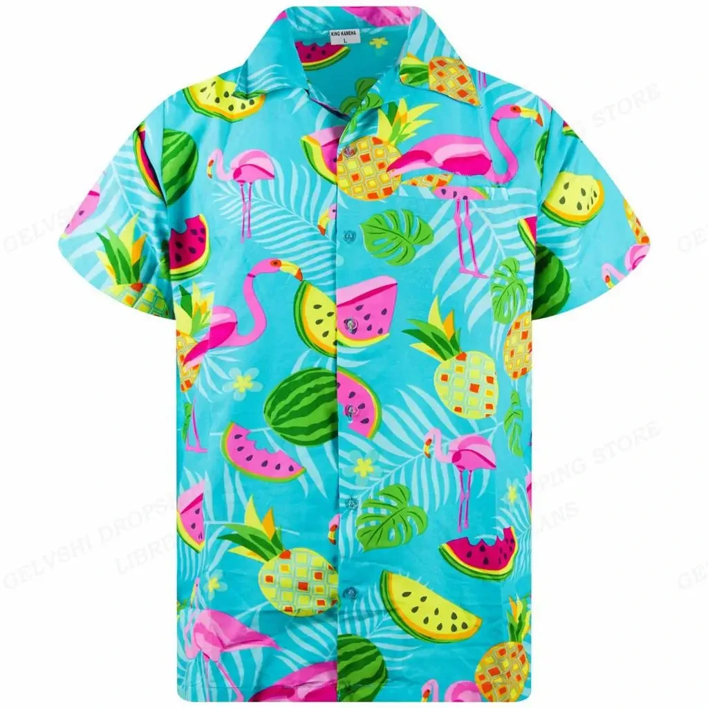 

Summer Men's Shirt Tops Funny Tropics Leaf Flamingo Print Short Sleeve 3D Hawaiian Beach Shirts Oversized Man Clothes Y2k Camisa