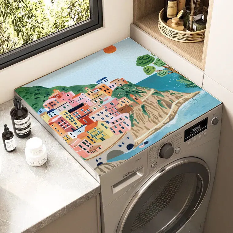 VIKAMA Colorful Town House Washing Machine Top Mat Patchwork Illustration Waterproof Anti Dust Laundry Dryer Pad Dust Cover